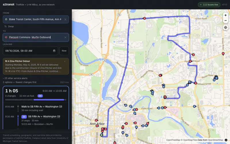 a2transit planning a route across a live map of Ann Arbor